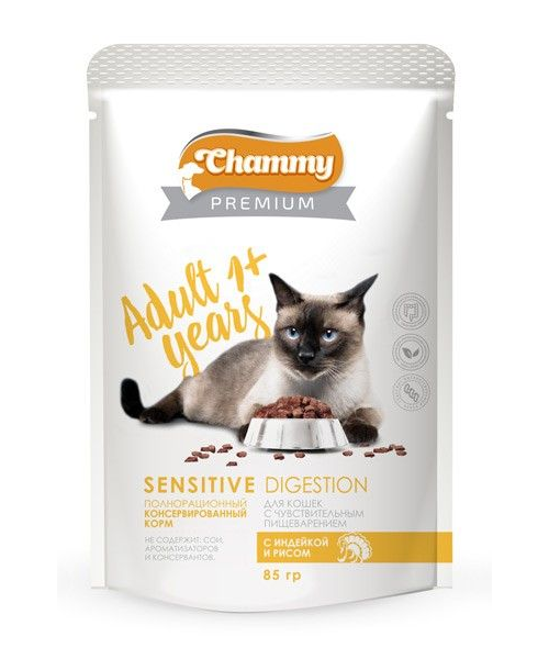 Chammy Премиум консерва для кошек 85гр чувствительное пищеварение с индейкой