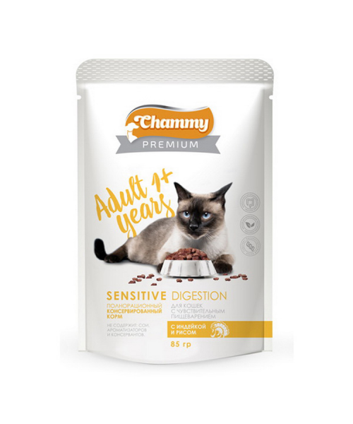Chammy Premium влаж.д/кошек с чувств. пищеварением 85г индейка/рис